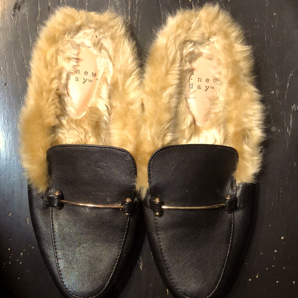 A New Day Fuzzy Slip On Black Loafers